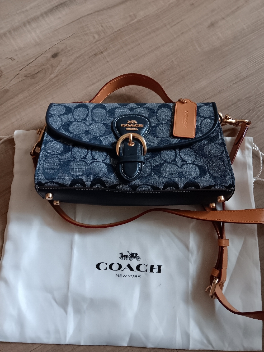 Coach Cleo Blue Signature Canvas Top Handle with Tan Trim W/ Dustbag